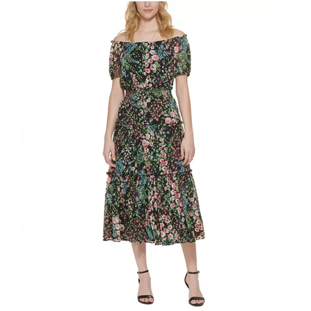 Tommy Hilfiger‎ Floral Off Shoulder Midi Flowy Romantic Garden Dress Size 12 p